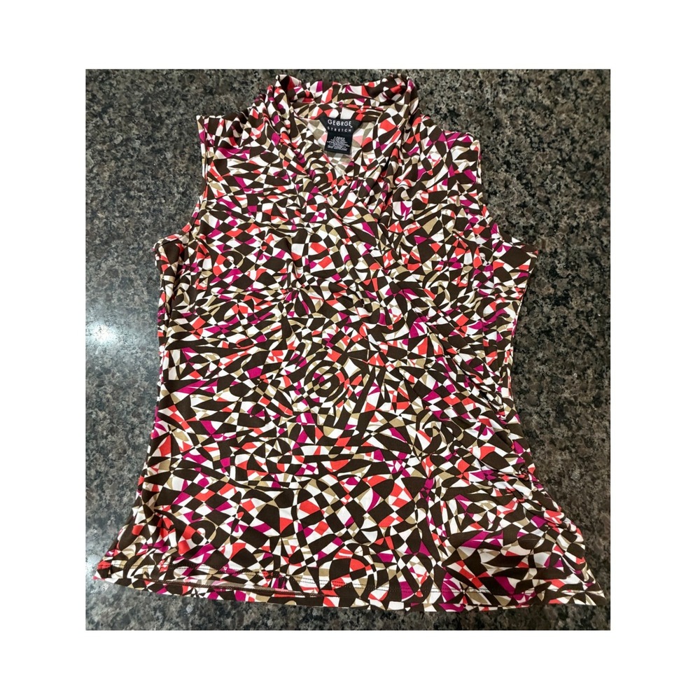 George Stretch Sleeveless V-Neck Top Brown Pink Geometric Coffee Print L 12-14